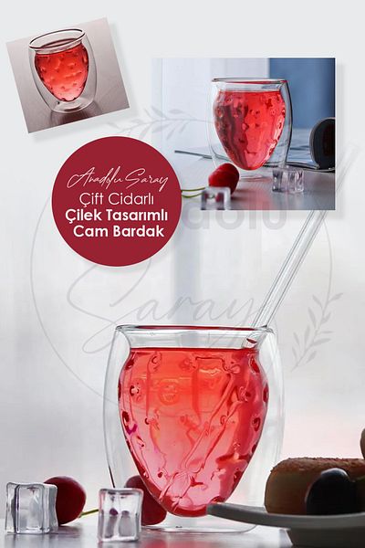 Anadolu Saray Çarşısı Heat Resistant Borosilicate Double Walled Strawberry Shaped Cup