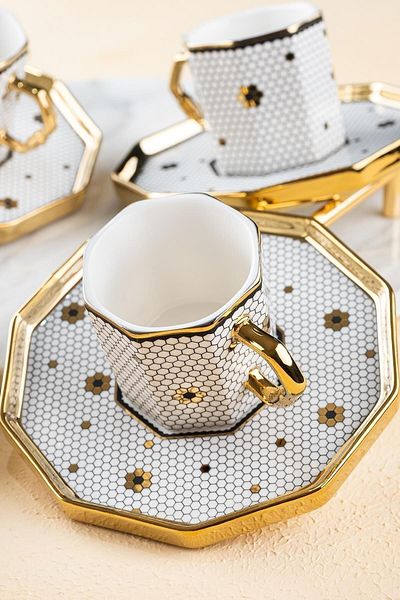 ACAR Sedwick Honeycomb Pattern Gold Gilt 90 ml Porcelain Coffee Cup Set for 6 People 0202