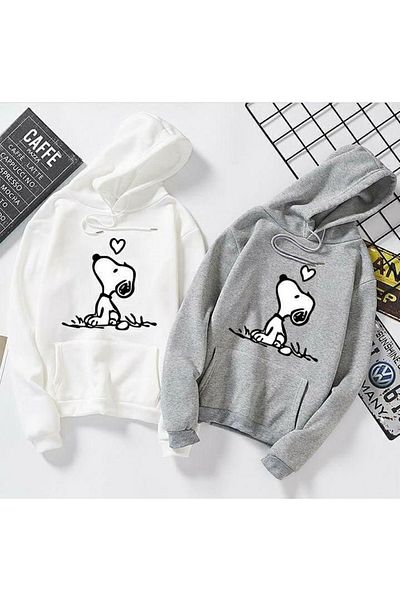 Machetta Pack of 2 Snoopy Printed Oversize 3 Thread Hooded Gray-white Sweatshirt-hoodie with Pocket