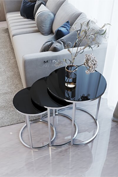 Nies Aksesuar Armoni 3'lü Zigon Sehpa Metal Zigon ''siyah Cam''