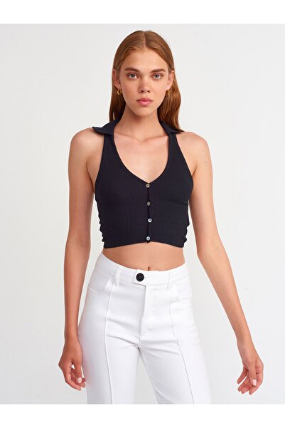 Dilvin 30128 Polo Yakalı Crop Top-siyah