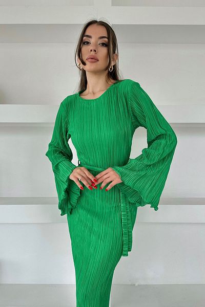 Seda Yalçın Atelier Grass Green Spanish Sleeve Pleated Belted Dress