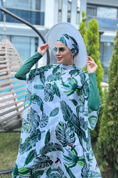 Remsa Mayo Patterned Single Kaftan Pareo Green Leaves on Hijab Swimsuit