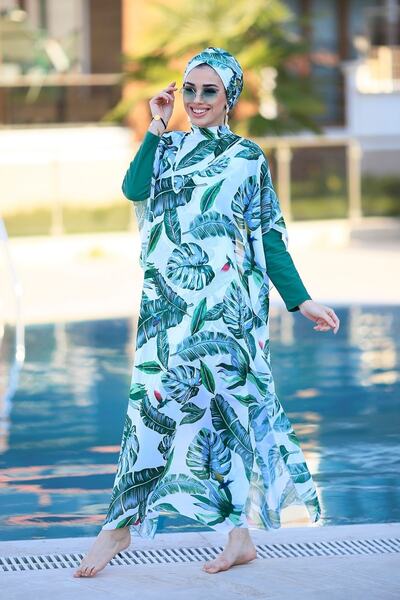 Remsa Mayo Patterned Single Kaftan Pareo Green Leaves on Hijab Swimsuit
