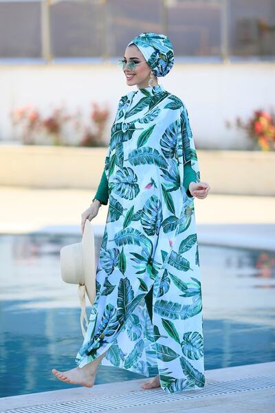 Remsa Mayo Patterned Single Kaftan Pareo Green Leaves on Hijab Swimsuit