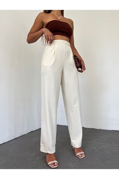 LB Laluna Butik Women's Belt Detailed High Waist Carrot Cut Fabric Trousers