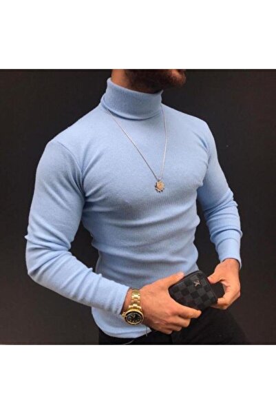 Turkuaz Unisex Açık Mavi Balıkçı Yaka Boğazlı Kazak