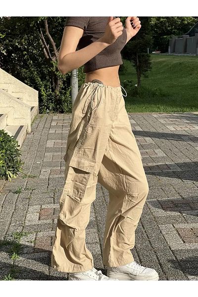 Gofeel Parachute Fabric Cream Cargo Pocket Λεπτομέρεια Ρυθμιζόμενο παντελόνι