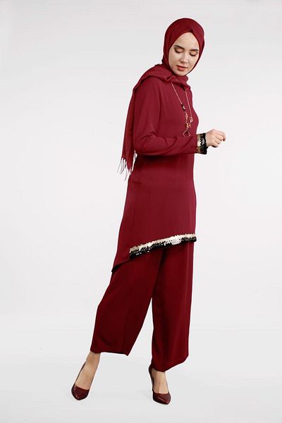 TRENDTESETTÜR Set de 2 piese pentru femei, burgundă, cu vârf și manșete cu paiete 0591