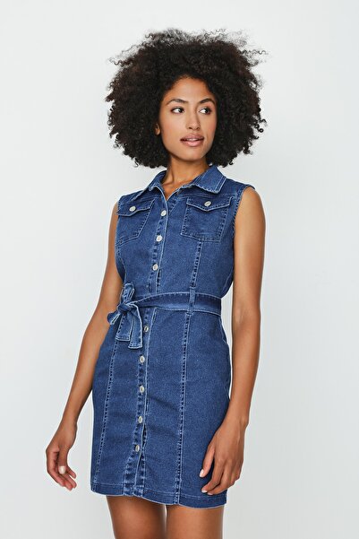 Select Moda Kadın Mavi Düğmeli Kemerli Denim Elbise