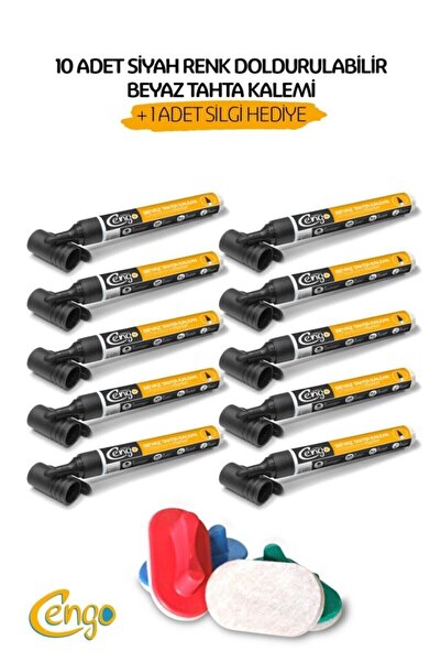 Cengo Siyah Renk -doldurulabilir Beyaz Tahta Kalemi 10 Adet  + 1 Adet Beyaz Tahta Silgisi