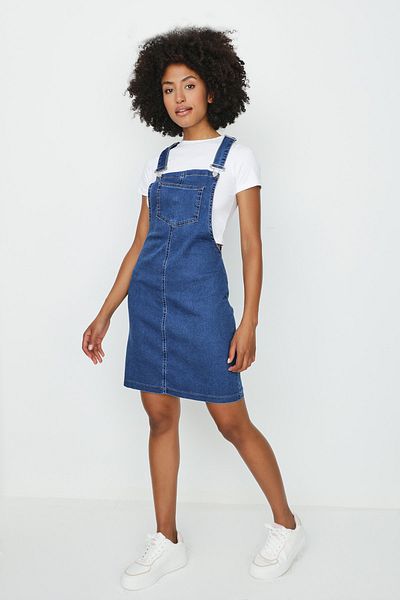 Select Moda Rochie Salopet de damă cu bretele albastre din denim