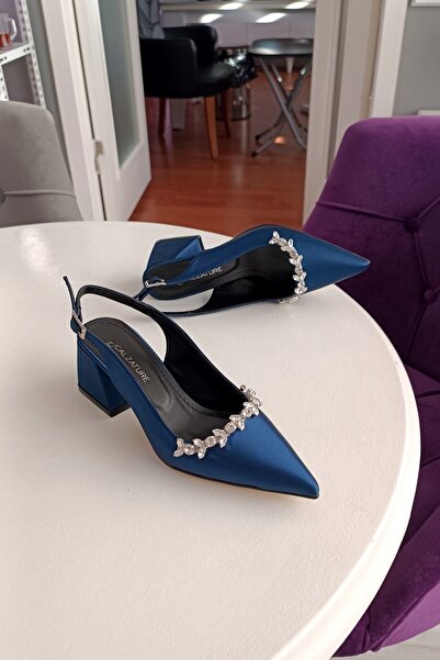LA CALZATURE الأزرق الداكن الساتان 6 سم ملحق كعب سميك حجر مفصل مساء اللباس أح...