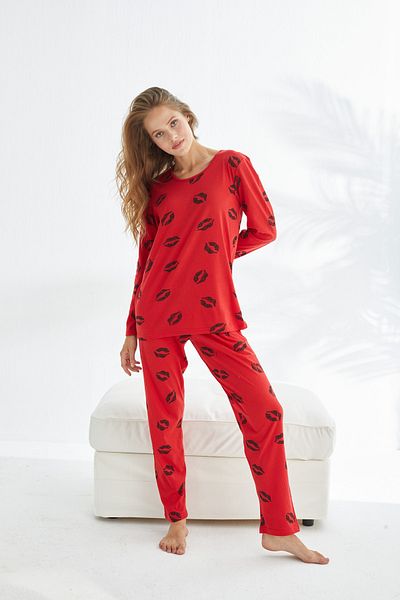 Siyah İnci Red lip patterned Cotton Pajama Set