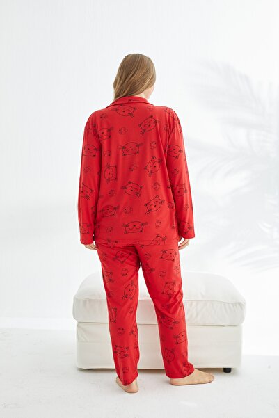 Siyah İnci Red cat patterned Curve Plus Size Oversize Buttoned Cotton Pajama Set
