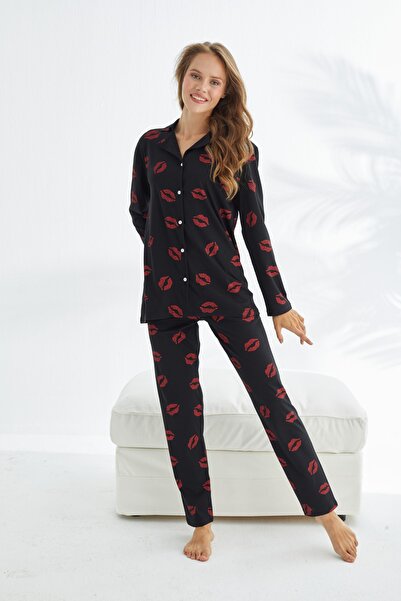 Siyah İnci Black lip patterned Cotton Buttoned Pajama Set