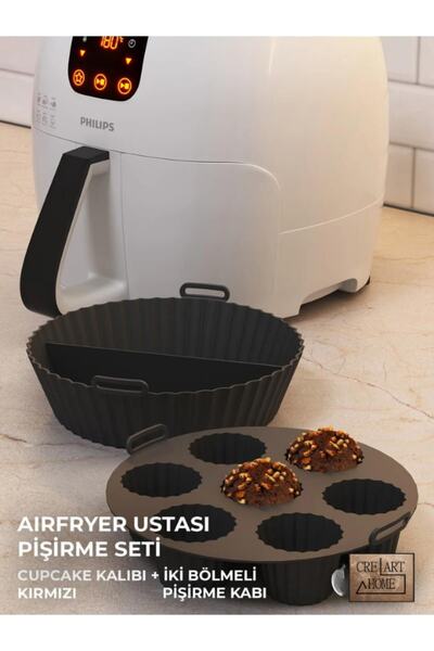 CREARTHOME Airfryer Ustası Pişirme Seti 2'li - Airfryer Pişirme Silikon Kağıd...