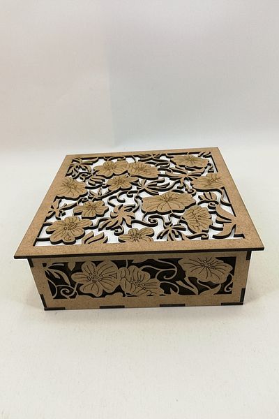 14lazerkesim Multi-Purpose Decorative Wooden Box with Flower Detail