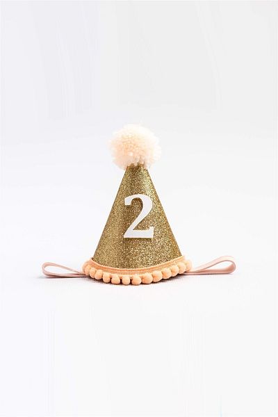 Le Mabelle 2 Year Old Funnel Birthday Crown with Pompom - Salmon