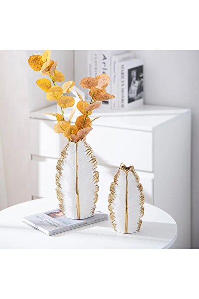 Luthien Beyaz Gold Yaprak Vazo Seti 2'li