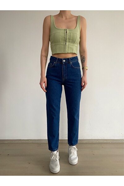 BROSERER Hera tamnoplave Mom farmerke s Sa likrom Visok struk plave Mom jeans...