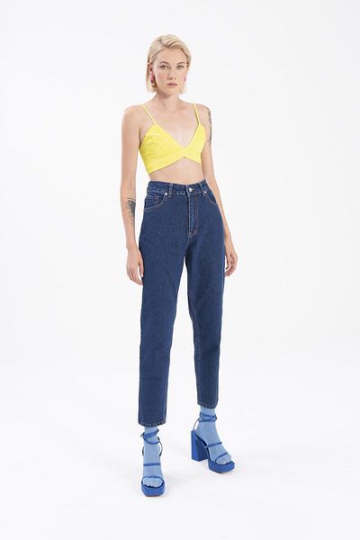 BROSERER Hera Blugi Mom Albastru Inchis Lycra Talie Inalta Blugi Mom Albastru Pantaloni Power Lycra