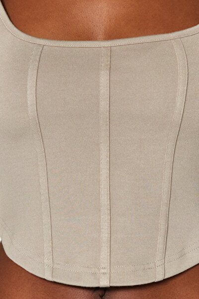 Trendyol Collection Stone Piping Detailed Square Neck Fitted Crop Interlock Knitted Blouse TWOAW23BZ00151