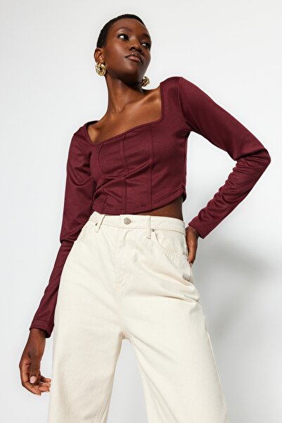 Trendyol Collection Klaretová červená lemování Detailní čtvercový výstřih pletená pletená halenka s pleteným zámkem TWOAW23BZ00151