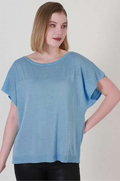 VEGENZE Women's Blue Chest Openwork Summer Fine Knitwear Blouse