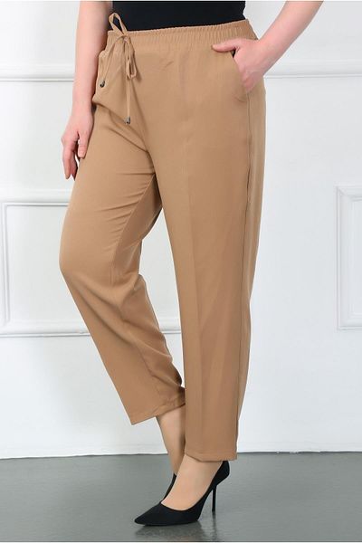By Alba Collection Women's Tan Imported Dumbbell Elastic Waist Large Size Trousers