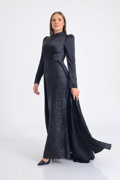 SpringStore Rochie de seară cu stilou cu sclipici cu mantie neagră