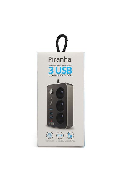 Piranha كابل تمديد محمي بالتيار الحراري، 3 مقابس، 3 USB، أبيض