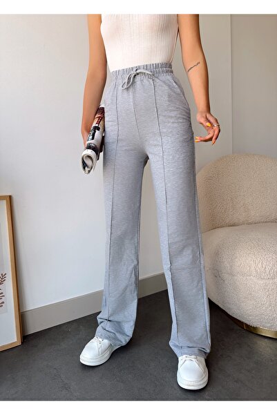 schlank Kadın Gri Yüksek Bel Kordonlu Çımalı Bol Paça Eşofman Altı