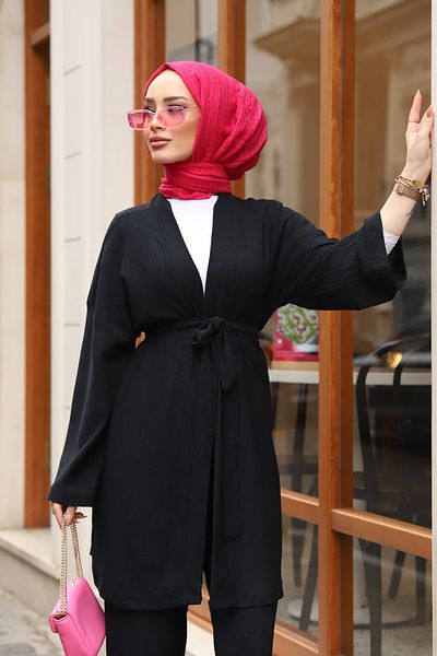 RamosWB Set kimono din țesătură șifonată pentru femei, cu pantaloni cu curea și jachetă