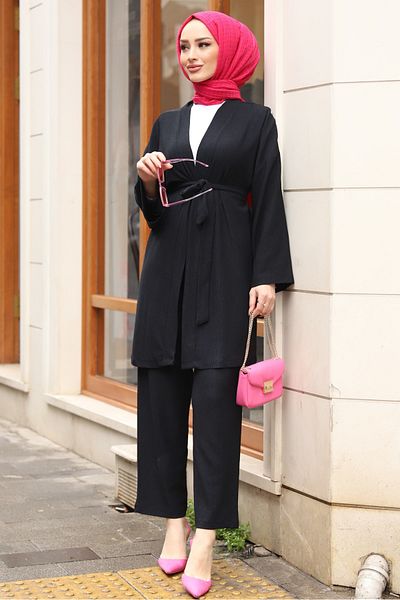 RamosWB Set kimono din țesătură șifonată pentru femei, cu pantaloni cu curea și jachetă