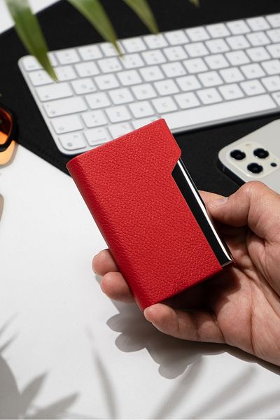 Niki Leather Iron Red Card Holder with Magnet Cover