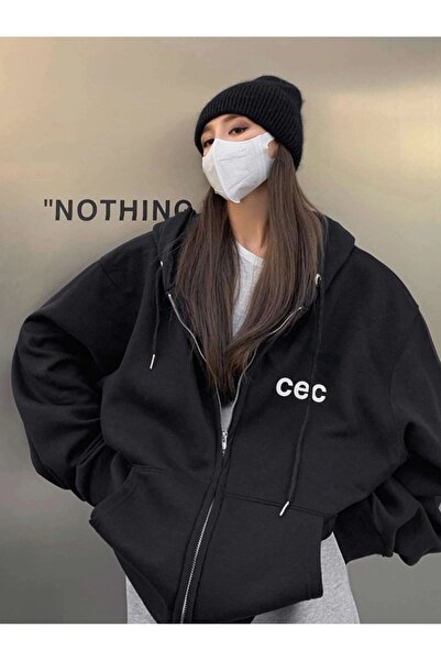 Adrift Unisex Siyah CEC Baskılı Oversize Kapüşonlu Hırka