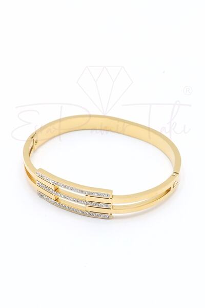 Esra Pamir Altın Renk Zirkon Taş İşlemeli Kaburga Çelik Kelepçe Bileklik