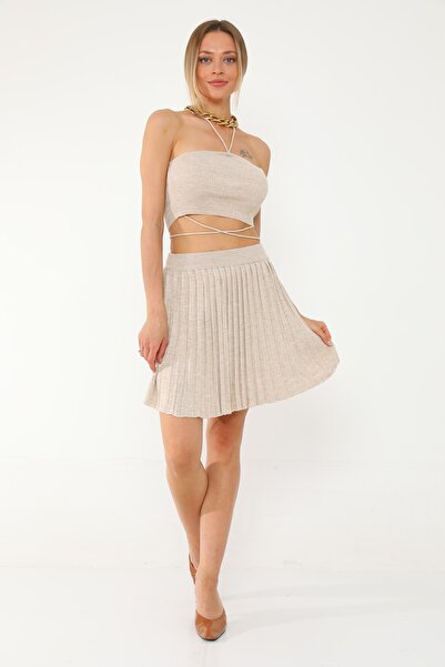 Dreamlike Özel Tasarım Beli Lastikli Pileli Rahat Ve Şık Triko Mini Etek