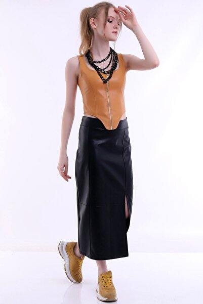 Dreamlike Özel Tasarım Yandan Yırtmaçlı Uzun Kalem Yumuşak Soft Deri Etek