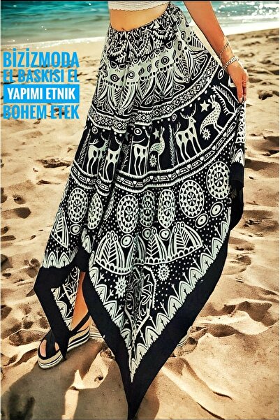 bizizmoda Bohemian Skirt Ethnic Patterned Black Asymmetric Cut Midi Skirt