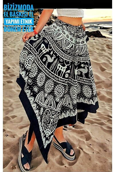 bizizmoda Bohemian Skirt Ethnic Patterned Black Asymmetric Cut Midi Skirt