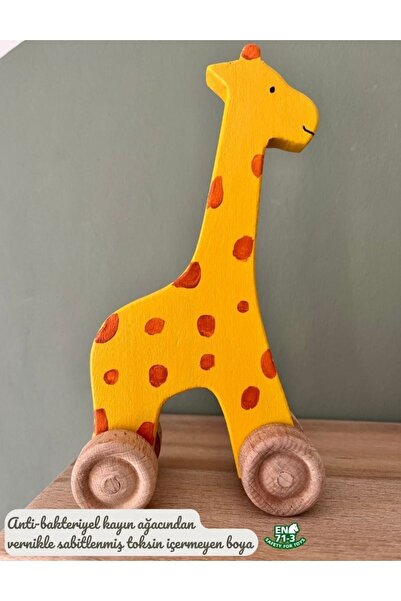 DORU Doğal Ahşap Araba Hayvan Figürlü Tekerlekli Oyuncak Zürafa Bebek Odası D...