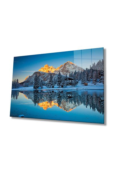 Rosyvien Pictură pe sticlă cu arbori încărcate de zăpadă și reflectarea muntelui, peisaj natural, decor de perete pentru casă și birou, cadou temperat