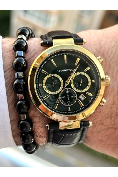 Chaperone Deri Kordon Fonksiyonları Aktif Siyah Renk Erkek Kol Saati+Bileklik