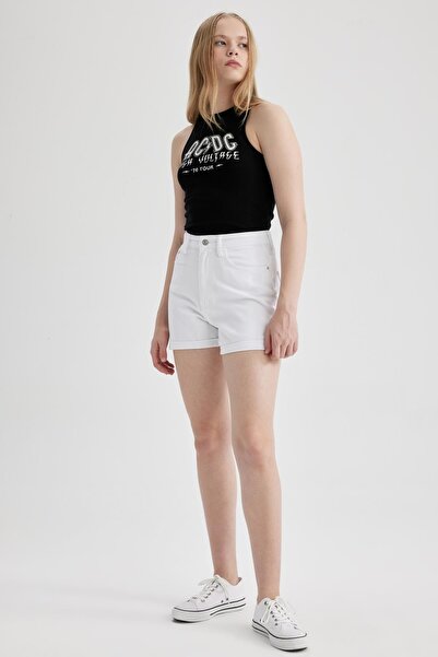 DeFacto Mom Fit High Waist Folded Leg White Jean 100% Cotton Shorts A2625ax23sm