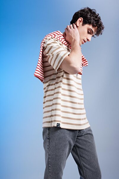 DeFacto Comfort Fit Crew λαιμόκοψη ριγέ κοντό μανίκι από βαμβακερό βαρύ ύφασμα T-shirt A3923ax23sm