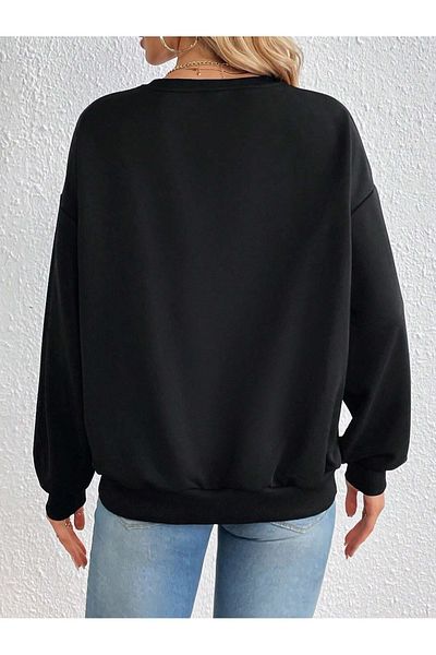 mercoledi Iubește-te mai mult Hanorac oversize negru unisex cu gât cu imprimeu