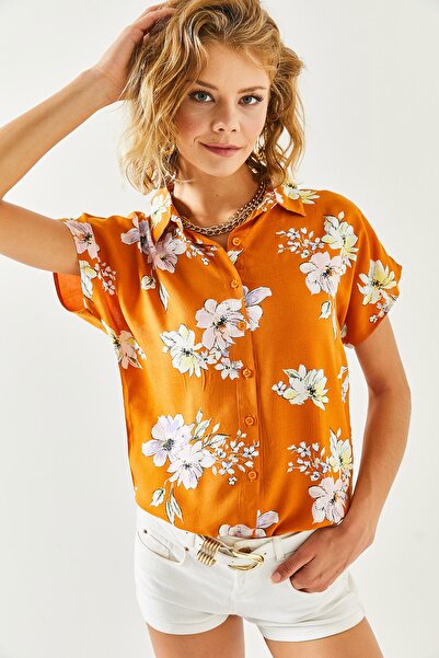 Olalook Női mustár rózsaszín mintás szőtt denevér ing GML-19001012