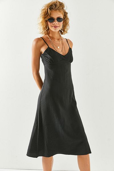 Olalook Women's Black Strap A-Line Cut Linen Ayrobin Midi Dress ELB-19001944
